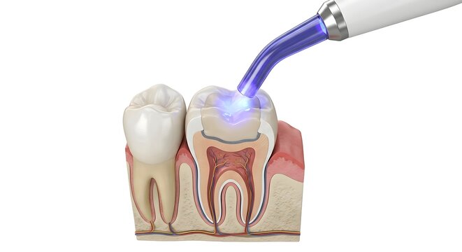 Scientific 3D Illustration of a Dental UV Curing Light Hardening a Composite Resin Filling in a Molar Cross-Section