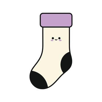 Halloween Kawaii cute sock vector illustration, smiling cartoon hosiery character, purple and cream winter apparel icon for kids transparent background with editable EPS
