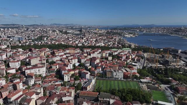 Stunning Aerial View of the Golden Horn in Istanbul.  A high-angle drone photograph capturing the historic Golden Horn (Hali&ccedil;) estuary in Istanbul, Turkey. The image showcases the iconic bridges.