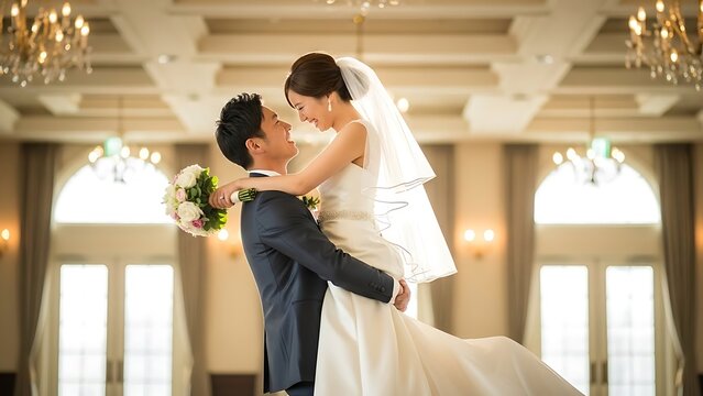 Groom lifting bride in a ballroom during wedding celebration under chandeliers