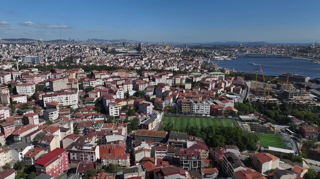 Stunning Aerial View of the Golden Horn in Istanbul.  A high-angle drone photograph capturing the historic Golden Horn (Hali&ccedil;) estuary in Istanbul, Turkey. The image showcases the iconic bridges.