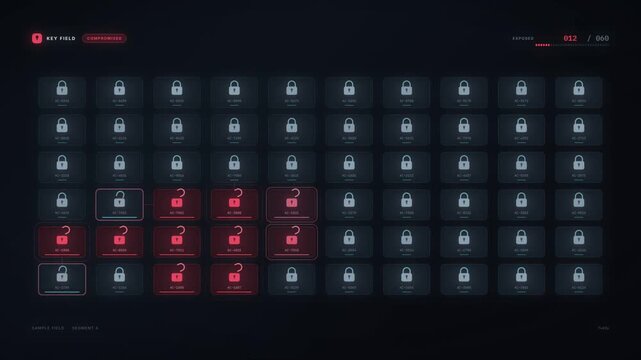 Data breach dashboard animation with padlock grid unlocking as encryption keys are exposed