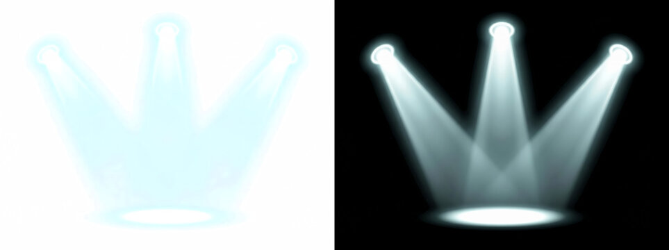 Triple stage spotlight beam cluster with luminous volumetric ray shafts, glowing light effect overlay isolated on transparent background