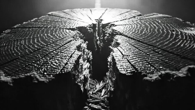Dramatic black and white close-up of a weathered, cracked tree stump illuminated from above, creating a moody, evocative scene