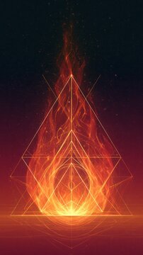 Abstract elemental illustration of fire signs featuring geometric flame patterns on a dark cosmic background.