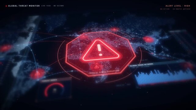 Global cyber threat monitor with red warning alert over world map and network attack hotspots