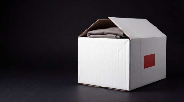 A white cardboard box designed to resemble a house, with folded clothes inside and a red label on its side, against a dark background.