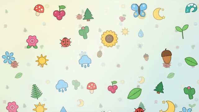 Cute pastel nature icon pattern loop background with floating flowers mushrooms and ladybugs