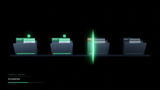 Malware scan animation with green laser sweeping folders and threat file moved to quarantine