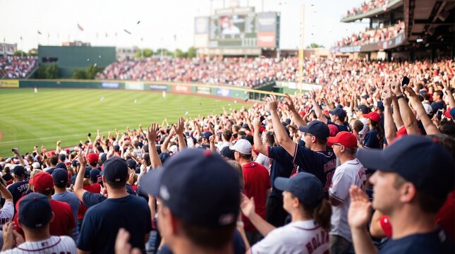 Excited baseball fans raising hands in a crowded stadium during a game. Celebrating a winning moment with enthusiastic crowd energy. Baseball fan culture and team spirit celebration concept.