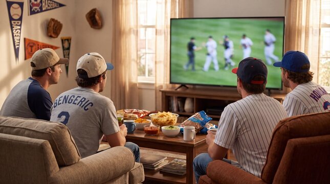 Four male friends wearing caps watching baseball on television at home. Sharing excitement and camaraderie during a live sports broadcast. Baseball fan culture and leisure entertainment concept.