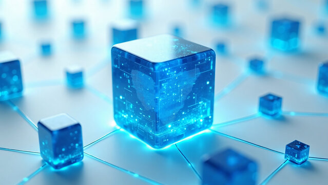Data Cube With Blue Nodes Representing Technology and Security