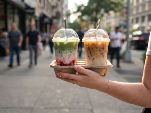 Hand holding takeout drinks in clear cups with straws on busy city street during daytime