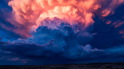 Obraz premium Towering cumulonimbus storm cloud at sunset with dramatic orange and blue sky