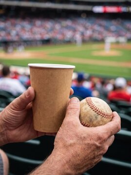 Hands holding a paper cup and a baseball at a crowded stadium. Enjoying a warm beverage during an exciting inning. Baseball fan culture and sports entertainment concept.