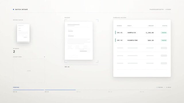 Invoice batch processing animation with documents posted into accounting ledger and one held