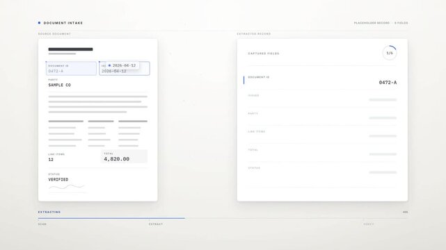 Document data extraction animation with scanned fields highlighted and captured into verified record