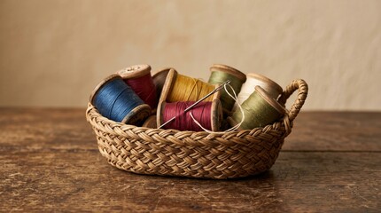 Obraz premium Vintage Wooden Thread Spools and Sewing Needle in Wicker Basket