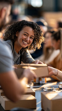 Over the shoulder view of smiling young volunteers handing meal boxes and canned goods to seated people at a bright clean distribution counter faces out of frame organized