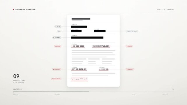 Document redaction animation with sensitive personal data blacked out and released copy stamped