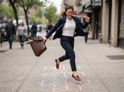 Businesswoman in navy suit jumps over hopscotch on sidewalk during lunch break in urban setting