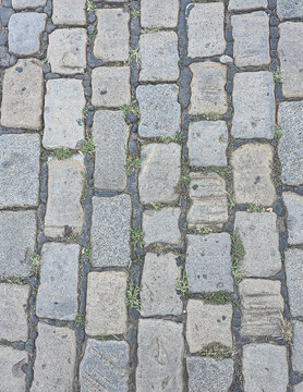 Old granite cobblestone pavement with grass growing in gaps close-up, historical street stone texture background