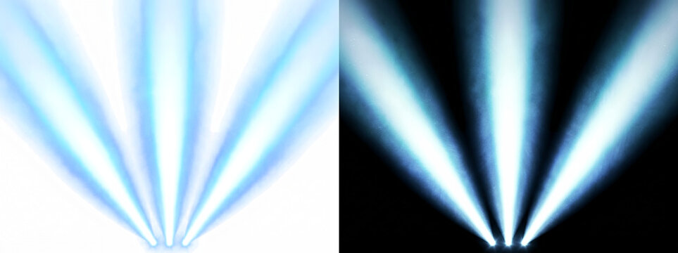 Triple spotlight beam fan radiating bright light shafts effect overlay isolated on transparent background
