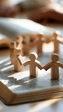 Close up of small wooden figures holding hands in a circle around an open Bible on a bright clean surface soft natural light unity faith prayer community symbol