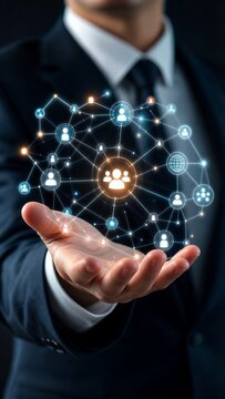 Businessperson holding a holographic knowledge graph, visualizing a semantic network for data governance and information architecture in knowledge management.