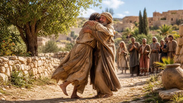 The Prodigal Son's emotional reunion with his father, a powerful biblical parable of forgiveness and embrace in an ancient Near East setting.