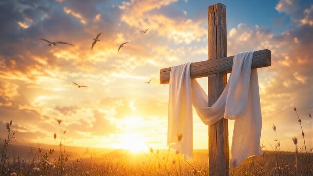 Christian cross in a vibrant field with birds and a golden sunrise, symbolizing Easter resurrection and spiritual hope.