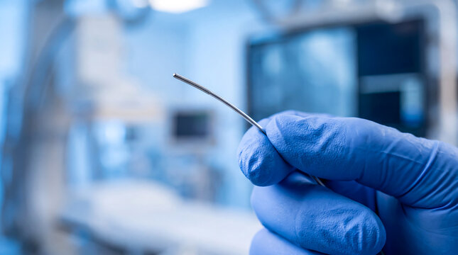 Gloved hand holding a medical catheter guidewire in a sterile hospital operating room.