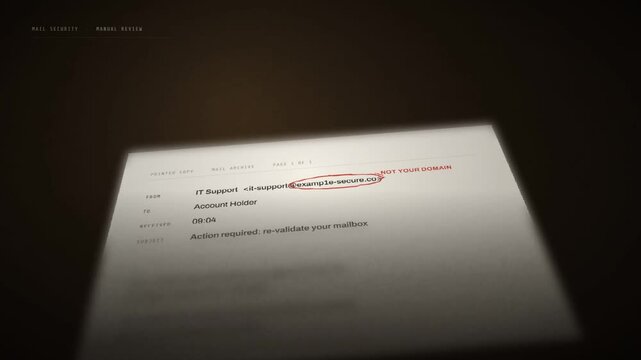 Phishing email printout marked with red pen annotations and stamped as a fraudulent message