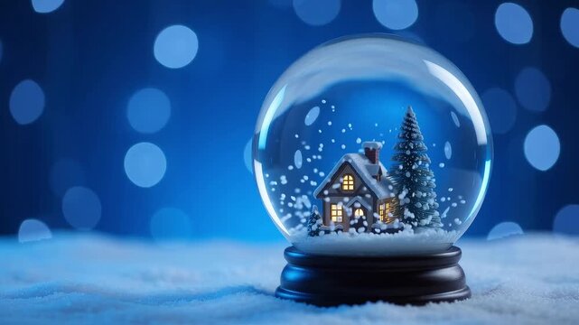 Snow globe with tiny cottage and pine tree on blue bokeh background