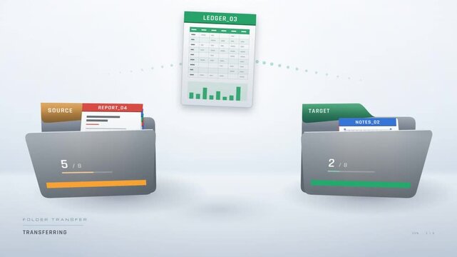 Folder transfer animation with documents moving one by one from a source to a target directory