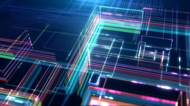 Multicolored neon lines pulse across layered rectangular pathways, forming an intricate circuit-like grid with glowing cyan, magenta, green, and orange traces over a dark blue background