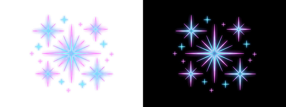 Glowing neon hand drawn spark stars doodle overlays set isolated on black