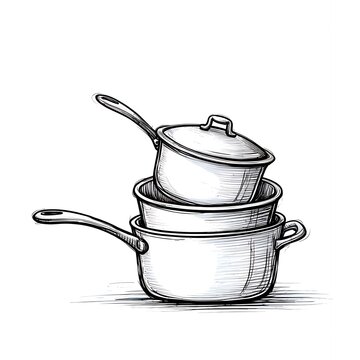 Stacked silver steel saucepans and frying pans sketch drawing on white background.