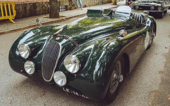 Caramulo, Viseu, Portugal &ndash; September 04, 2026: Classic green Jaguar XK120 roadster on display at the Caramulo Motorfestival.