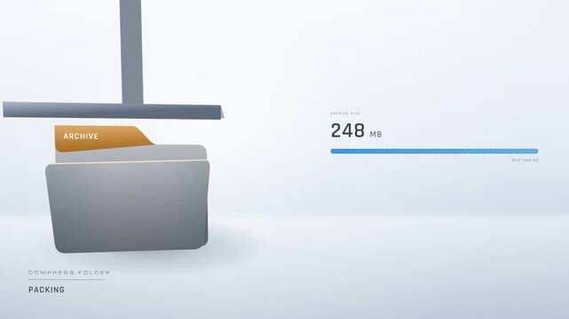 Compression animation with a press squeezing a folder into a zip archive and shrinking file size