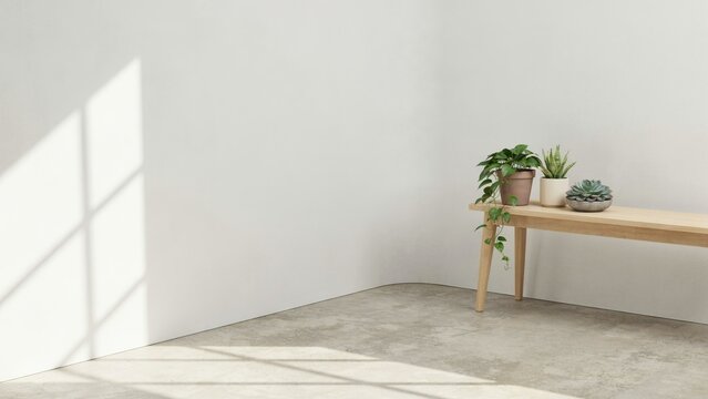 Minimalist empty room corner with a blank white wall and window light falling on a small wooden bench