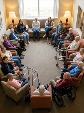 A diverse multigenerational group of seniors and youths gather at a community center for a tech hour discussion in a bright, comfortable lounge.