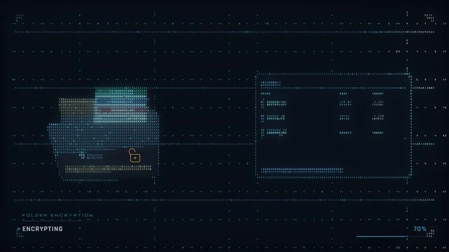 Encryption animation with a folder dissolving into cipher data and sealing with a green padlock