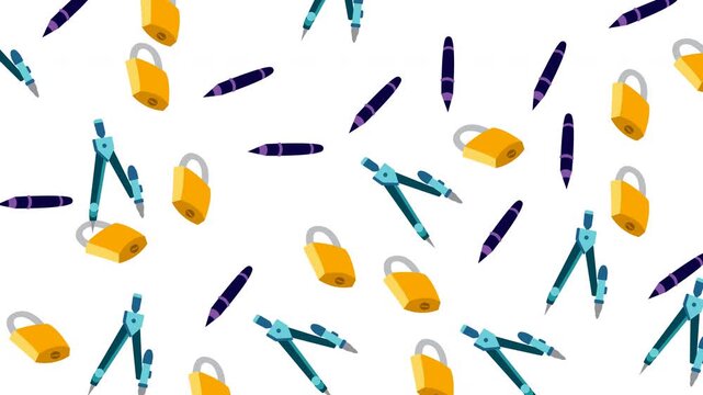 Education pattern with compasses, pens, and padlocks on white background