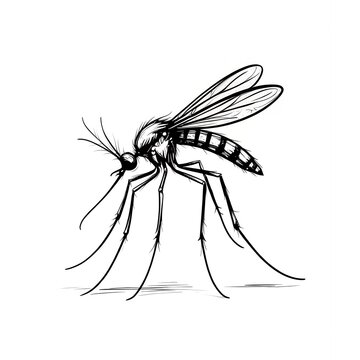 Black and white mosquito ink drawing showing insect anatomy for scientific identification.
