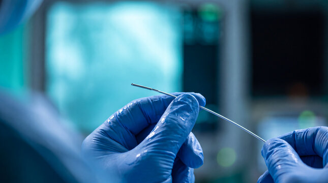 Surgeon hands holding a medical catheter guide wire during a cardiac surgery procedure