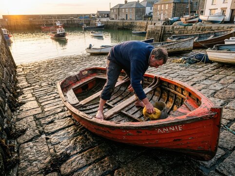 Harbor boat maintenance at low tide with fisherman in a rustic quay
