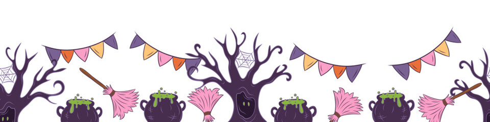 Fototapeta premium Seamless vector border with spooky trees, cauldrons and brooms