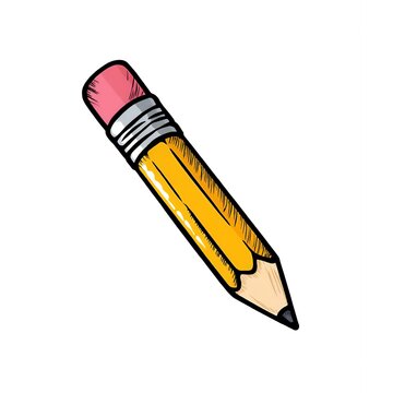 Yellow wooden pencil with pink eraser for school supplies and office writing stationery.