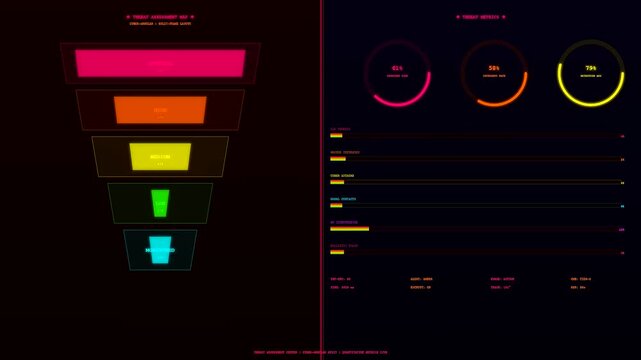 a defence telemetry interface showing cycling funnel charts and circular metrics with glowing neon lights on a dark screen in a dark monitor setup
